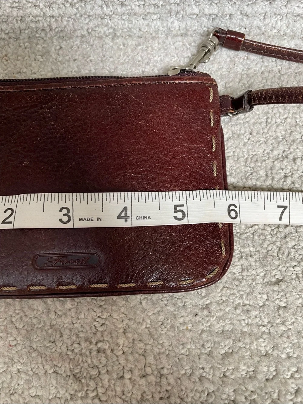Fossil Brown Leather Western Vibes Whipstitched Zip Up Strap Casual Wristlet